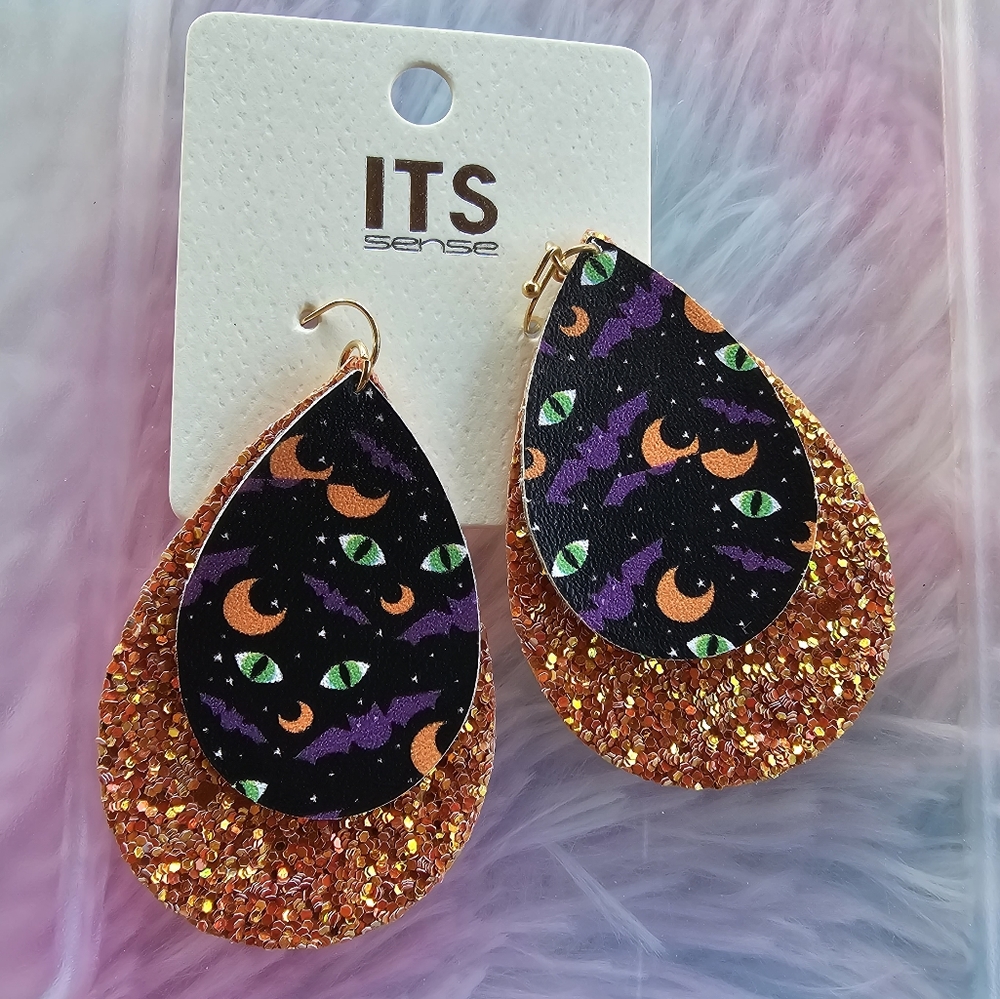 ITS Sense black and Orange Glitter Halloween Earrings